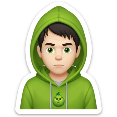 Create an avatar of white European with dark hair  male in hoodie with ``BST`` letters on it. Make background to look like from movie Grinch. make him look to left side sticker