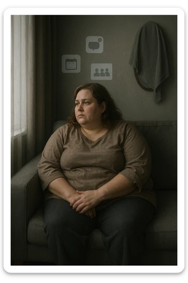 Donna tra i 30 e i 40 anni seduta sola su un divano, con espressione malinconica e corpo visibilmente appesantito. Indossa abiti larghi, avvolgenti, e guarda fuori dalla finestra mentre il telefono è spento o con notifiche ignorate accanto a lei. Sullo sfondo, si notano segnali di vita sociale assente: messaggi non letti, inviti ignorati, foto di gruppo a cui non partecipa. L’atmosfera è silenziosa, con luce grigia e ambiente spento. Intorno a lei, simboli di ritiro e insicurezza: tende chiuse, specchio coperto, postura chiusa. Stile realistico, tono delicato ed emotivo sticker