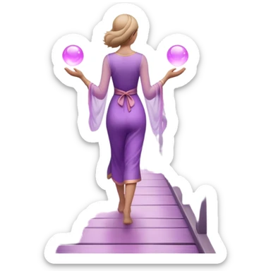 A small figure walks back across a foggy bridge, holding soft pink and purple orbs in each hand—symbolizing compassion and forgiveness. A gentle heart aura trails behind them, showing healing in motion. sticker