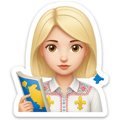 A Ukrainian girl in a white embroidered shirt holds a map of Ukraine sticker