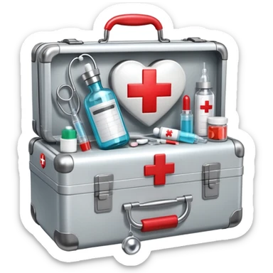 An icon featuring a medical suitcase with a red cross, a bottle of pills, a stethoscope, and a syringe, symbolizing medicine. The design includes a thermometer, bandages, and a heart monitor, representing healthcare and medical treatment. Transparent background highlights the science of healing. sticker