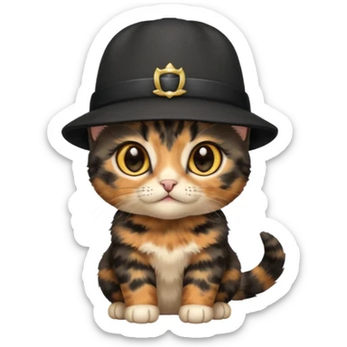 Cute mostly black tortoiseshell kitten wearing a british hat, golden eyes sticker
