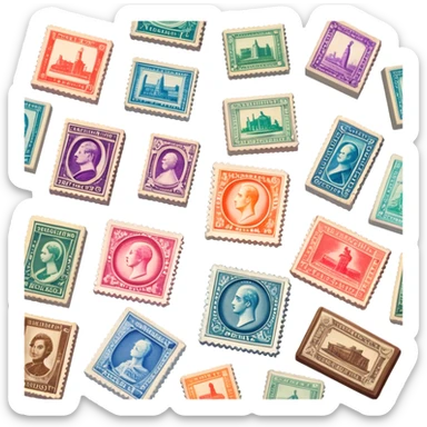 Icon for Stamp Collecting: a collection of vintage and colorful stamps arranged in an album or on a desk, with a large stamp block in the center showcasing different themes. The icon should reflect the charm and history of philately. Transparent background. sticker