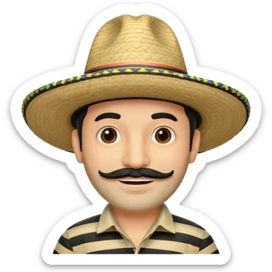 A happy fair skinned Colombian man with some facial hair wearing a black and beige stripped Colombian sombrero sticker