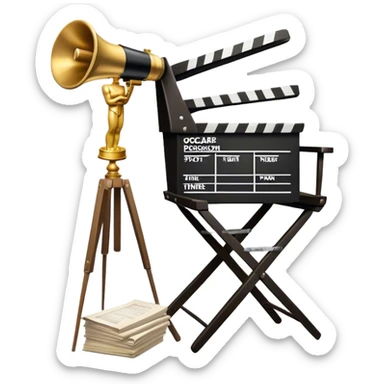 Icon for Directing: professional collage with director's chair, a film slate, a megaphone, a stack of script papers and an Oscar statuette. The icon should represent the creative and leadership aspects of directing, with focus on film and theater production. Transparent background. sticker