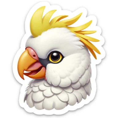 Cinematic Cute Cockatoo Portrait Emoji, Head tilted playfully and inquisitively, featuring a charming, fluffy form with a vividly colored crest, round, sparkling eyes full of playful wonder, and a soft, curved beak, Simplified yet irresistibly adorable features, highly detailed, glowing with a warm, inviting tropical glow, high shine, affectionate and lively, stylized with a touch of whimsical avian charm, soft glowing outline, capturing the essence of a mischievous yet loving cockatoo that seems as if it could flutter out of the screen into your arms! sticker