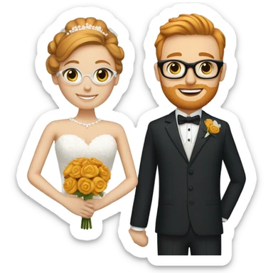A bride and groom. Bride has dark blonde hair in a bun, blue eyes, wears a lace dress. Groom has ginger hair, wears black glasses, and a dark blue suit sticker