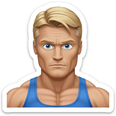 Dolph Lundgren with blue eyes, dark blonde hair, muscle body sticker