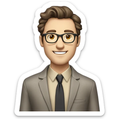 Joyful Full height Pale skinned Fit Man With dark brown hair in gray classic jacket, beige office shirt, Brown pants and vintage glasses. His thrumbs up sticker