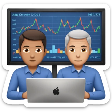 teaching somebody else in person, in the same place, watching the same monitor together, the trainee and trainer are in the similar age, two both are men, the monitor should be showing some data graphs sticker