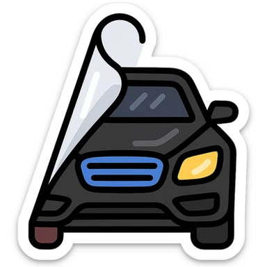 high-end black car icon partially covered by a rolled transparent or light gray film with curved adhesion effect, glossy black main color, modern and clean style, no text sticker