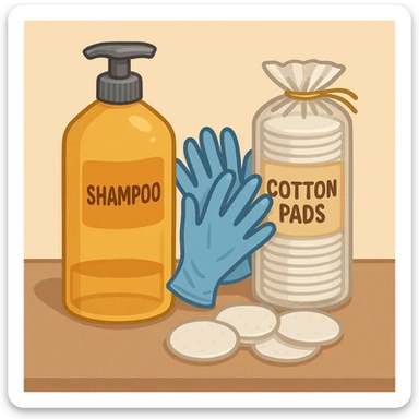 emoji of big (1L) bottle of shampoo, disposable gloves and cotton pads (for makeup) are standing on a table, products look like its always running out, and bran labels to them, make quantity bigger , and i want to see more disposable products sticker