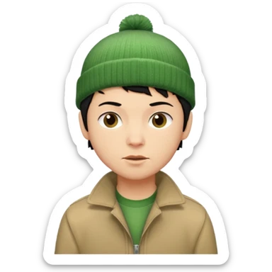 young man with pixie cut black hair, green beenie hat, tan jacket and pork chop sideburns sticker