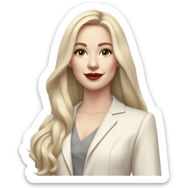 pale skin woman with ash blonde straightened long Hair, White Spacious classical jacket, beige palazzo Arrow pants and gray blouse holding a color palettes in the hands sticker