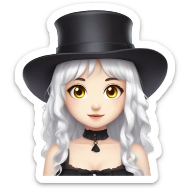 an anime anime girl with white hair and big yellow eyes wearing a top and a hat, cross, 1girl, solo, dark skin, hat, top hat, lolita fashion, fang, mini hat, gothic lolita, dark-skinned female, white background, white eyes, mini top hat sticker