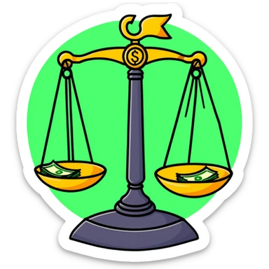A decorative gold balance scale with green money and dollar signs on one side and three colorful stars on the other side sticker