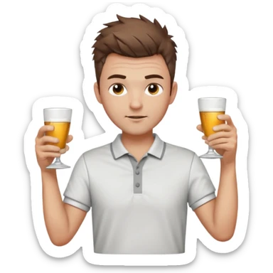 Handsome male.short messy brown hair.mowhawk hairstyle. wearing white golf shirt.grey shorts. Cheersing with shooter sticker