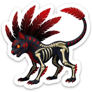 Rare black and red realistic dark edgy tropical tribal patterned feathery skeletal badass epic handsome gorgeous aesthetic colorful vibrant Vernid-Trico-species-Fakemon-creature by LiLaiRa, 4 legs, 1 tail, random markings, (full body) sticker