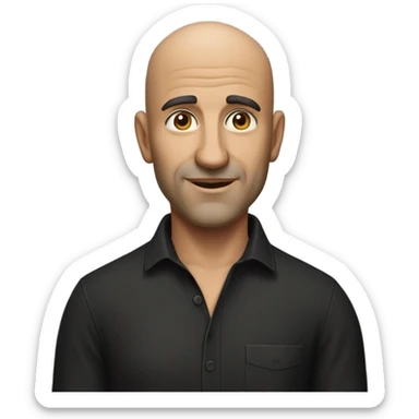 A middle-aged Italian man with olive-toned skin with bald hair and no facial hair. He is wearing a sleek black smart shirt, casually unbuttoned at the top. sticker