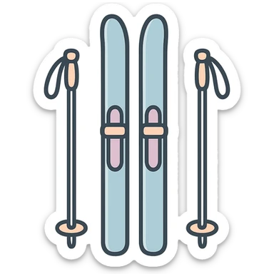 cross-country skis standing upright with poles on the sides slightly angled outward, detailed shading, thin clean outlines, soft rounded features, pastel palette #98B5BC #B5B3C1 #C9A3C9 #E4C0CA #F7DCD1 #F7C0AA, Japanese pop art, sticker look, highly detailed, vector clarity, soft lighting, subtle shadows, transparent background sticker