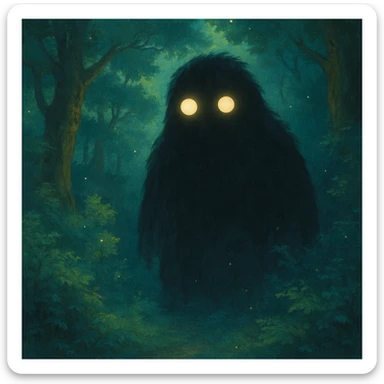 mysterious shadowy monster with glowing eyes in a magical forest background in ghibli style sticker