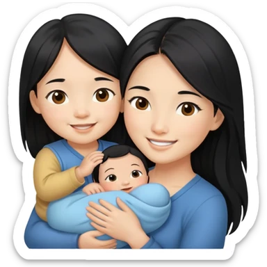 Beautiful Asian girl with long black hair and brown eyes holding baby boy in her arms sticker