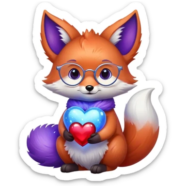 small magical fox with shimmering purple and blue fur, glowing fluffy tail, silver star on forehead, round glasses, tiny lantern, hugging a big red heart sticker
