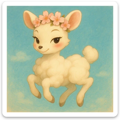 Transform this feminine vanilla cloud doe with rosy cheeks and cherry flowers on its head, floating gracefully, into a soft Ghibli-inspired style while keeping Pixar-inspired charm. Emphasize confidence, charm, and subtle allure, suitable for a social media brand mascot. The result should be dreamy, whimsical, and elegant, blending Ghibli and Pixar influences for brand identity. sticker