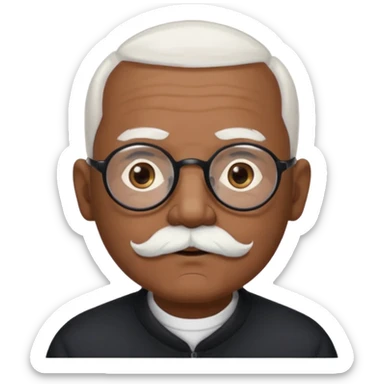 an elderly man with medium-dark skin tone, bald on top with short white hair at the sides, thick white eyebrows, large brown eyes, and wears black-framed glasses.
A small white beard sits above his mouth sticker