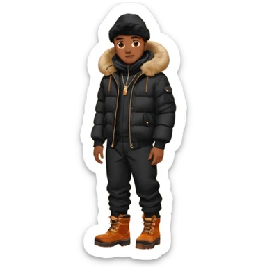 Handsome Black grown man with brown skin tone, wear black joggers, a black bubble coat with a fur brim on the hood, and buckwheat timberland boots sticker