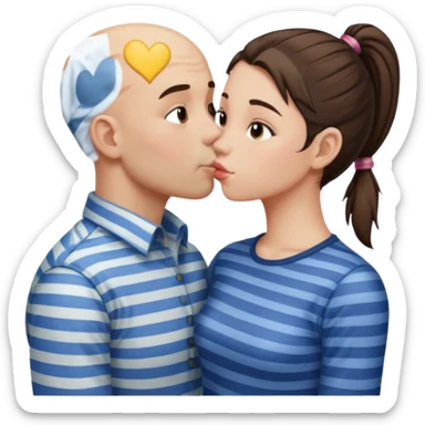 Tall Bald boy kissing a brunette girlie girl with a ponytail with a striped shirt sticker
