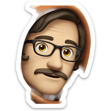 Pale Guy, dark brown narrow hair, moustache and soul patch under mouth, blue eyes, round glasses, covered in blanket sticker