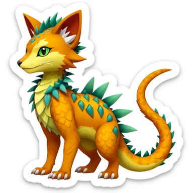 Kawaii cute reddish orangish yellowish greenish exotic tribal beautiful pretty elegant divine edgy feline-vernid-sergal-Fakémon-Pokémon-Digimon-fursona-animal-creature with accessories, jewelries, full body, with intricate detailed markings, furs, fins, scales, spiny sticker