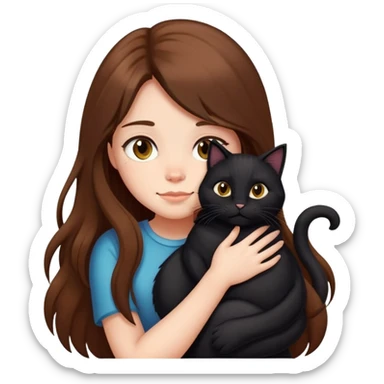 A girl with long brown hair hugs a long-haired fat black cat sticker