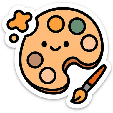 A cute and charming artist’s paint palette with dabs of paint in a warm, cozy color scheme: golden orange (FA9B41), deep forest green (4A7C5C), muted taupe brown (96775A), and pastel peach (FFCC9A). The wooden palette has a soft, rounded shape with a smooth finish, and the paint blobs are arranged neatly like little candy drops. Some splashes of color are playfully smeared nearby, and a tiny paintbrush rests beside the palette. The overall mood is light, artistic, and whimsical, with soft lighting and a gentle, creative atmosphere — perfect for a dreamy, storybook-style illustration. sticker