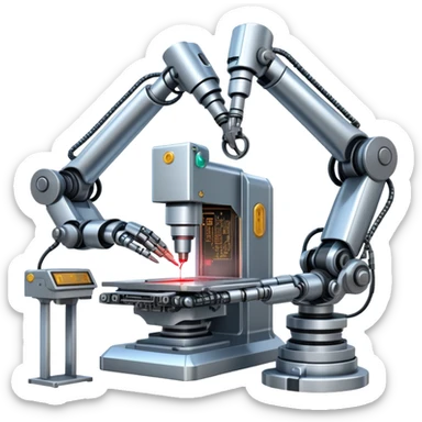 An icon featuring a giant robotic machine welding a large microchip with a laser, using two robotic arms. The design includes circuit boards, gears, and technical schematics, symbolizing advanced engineering and automation. Transparent background highlights the fusion of technology sticker