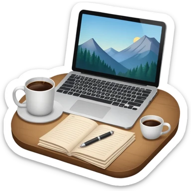 emoji of a cozy desk with a paper, a coffee, and a laptop on it sticker