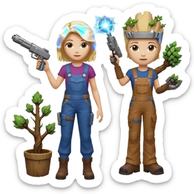 Can you make an emoji with groot from guardian of the galaxy, and groot should look like he does in the movie,  with me standing next to him. I’m a white female with blonde hair and I like to wear overalls. We should be shooting galaxy guns  sticker