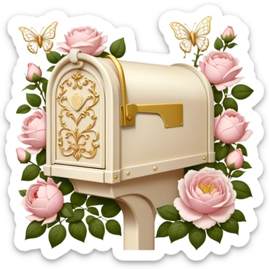 A vintage-inspired letterbox scene, where an old-fashioned ivory mailbox with golden filigree stands in a blooming rose garden, overflowing with love letters adorned with pressed blush roses and white peony petals, with pearl butterflies fluttering nearby. sticker