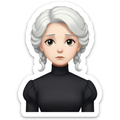 A Victorian woman with elegant coiffed white hair wearing a modest black turtleneck mourning dress with a forlorn expression sticker