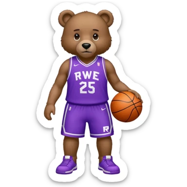 Bear with full body and wearing basketball white and purple jersey that says RWE  sticker