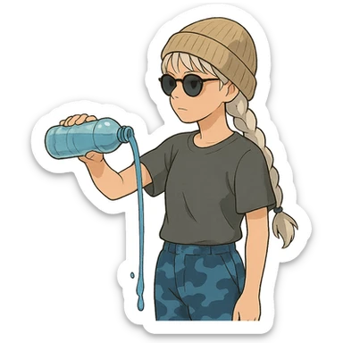 1 female, long white braid, knit cap, dark sunglasses, GRAY T-SHIRT, blue camo pants, POURING OUT A WATER BOTTLE sticker