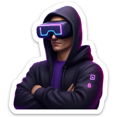 Russian man wearing a black hoodie with "OMG" letters on it and VR headset in a cyberpunk VR environment with violet neon lighting. sticker