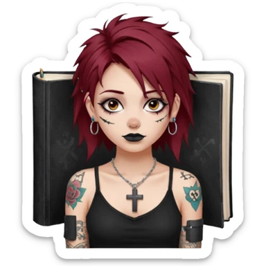 generate an ios genmoji of a girl with dark red messy hair with eyeliner on her eyes.  septum piercing, wearing a cami black top, has tattoos, on shoulders. ear piercings. wearing a cross silver necklace. Holding an overfilled sketchbook sticker