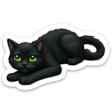Black furry cat fully body laying down with green eyes sticker