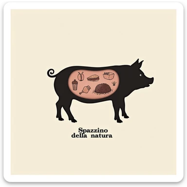 symbolic scene silhouette of a pig with drawings of leftovers and feces in the stomach, Italian text 'Spazzino della natura', neutral background, 4K quality sticker
