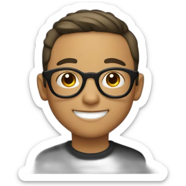 A smiling light-skinned boy with short hair and black-rimmed round glasses sticker