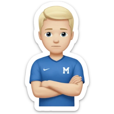Pale blond man in blue football t shirt crossed arms from cold sticker