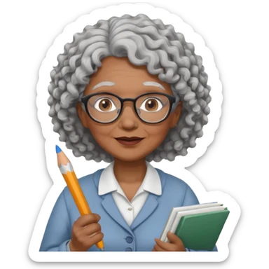 old woman teacher, brown skin, curly grey white hai, wearing glasses, hold chalk on hand sticker
