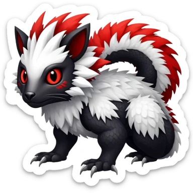 a white exotic edgy vernid-fionbr-Fakémon-creature, with black belly and red eyes, full body sticker